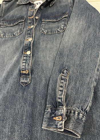 Düğmeli Mavi Kadın Denim elbise - Görsel 3