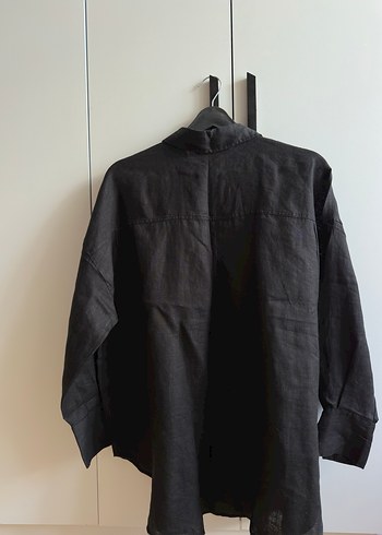 Siyah Keten Düğmeli Gömlek - Görsel 5