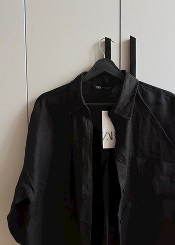 Siyah Keten Düğmeli Gömlek - Görsel 2