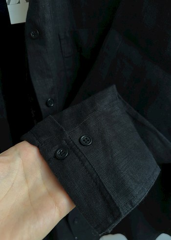 Siyah Keten Düğmeli Gömlek - Görsel 4