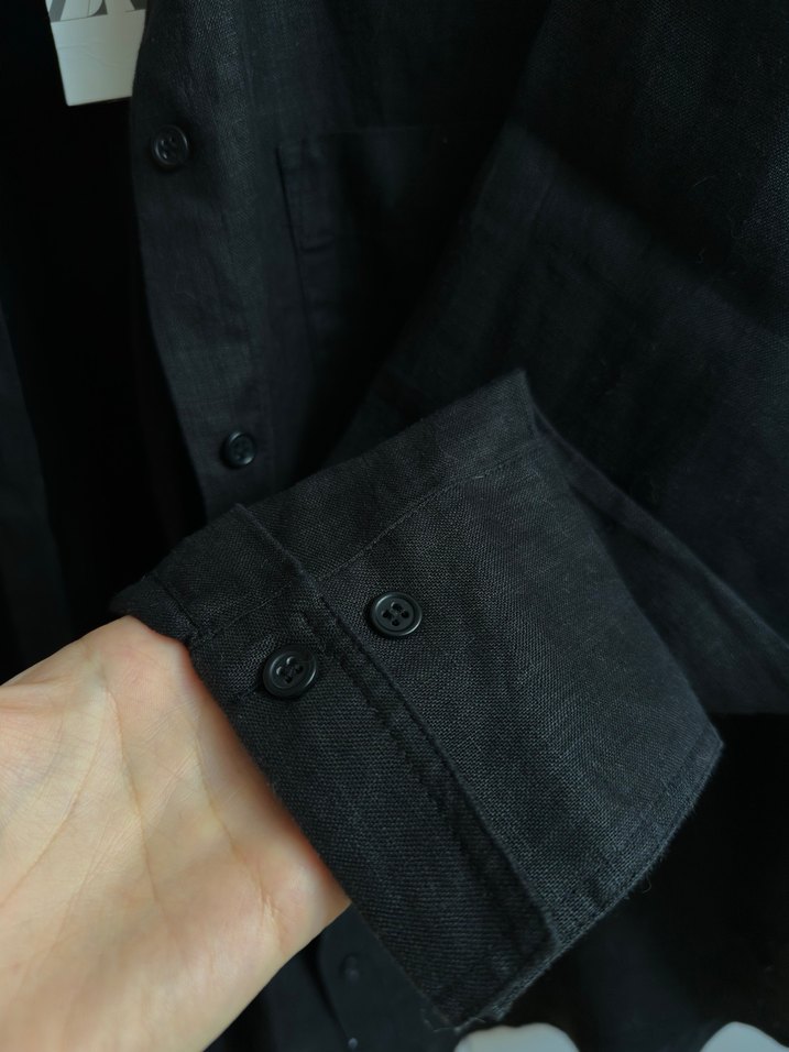 Siyah Keten Düğmeli Gömlek - Görsel 4