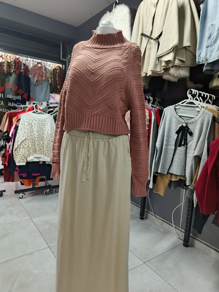 Bohem Tarz Uzun Kollu Örgü pembe Kazak - Görsel 2