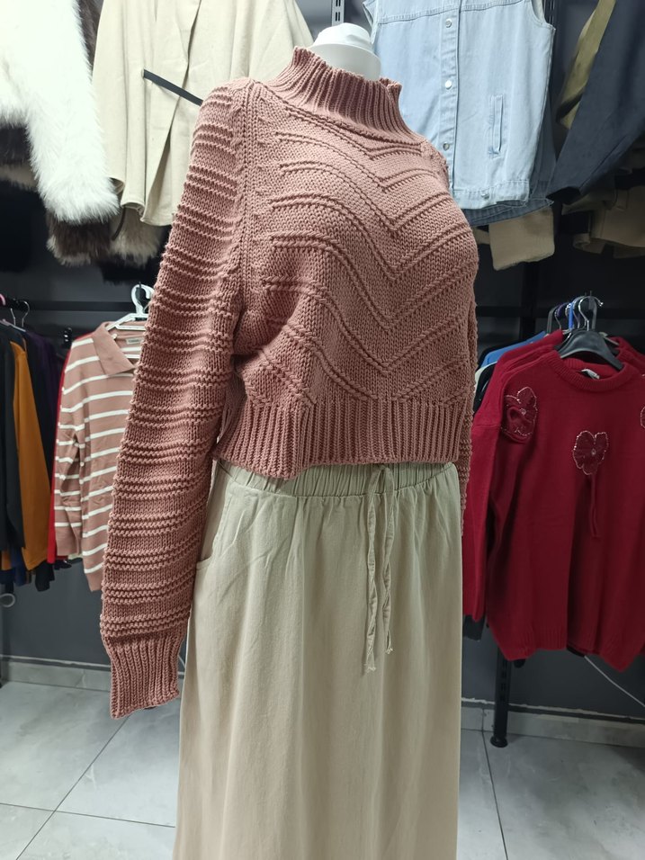 Bohem Tarz Uzun Kollu Örgü pembe Kazak - Görsel 4