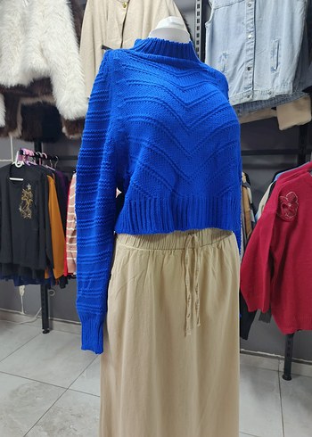 Uzun Kollu Mavi Örgü Bohem Kazak - Görsel 2