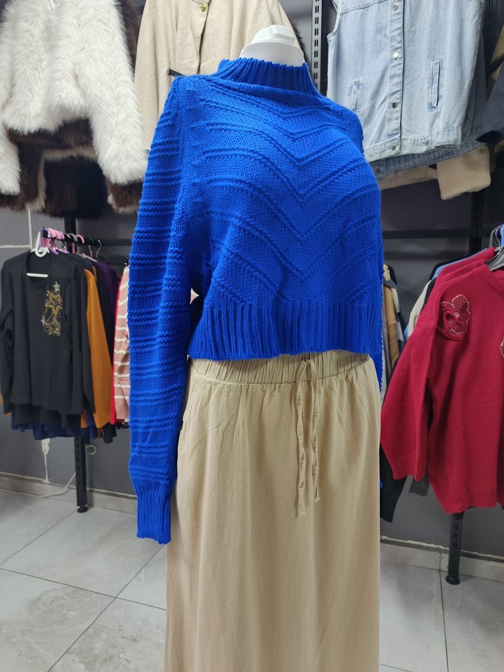 Uzun Kollu Mavi Örgü Bohem Kazak - Görsel 2