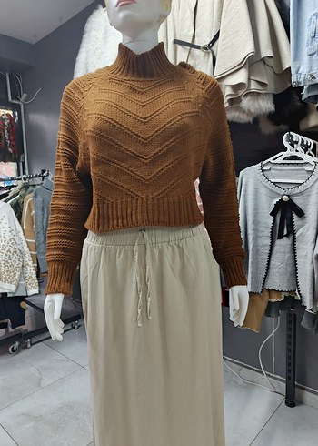 Bohem Tarz Yüksek Yakalı Örgü Kahverengi Kazak - Görsel 3