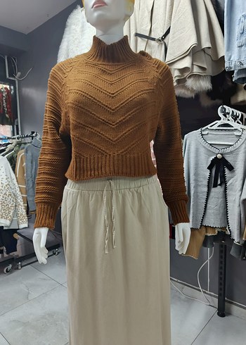 Bohem Tarz Yüksek Yakalı Örgü Kahverengi Kazak - Görsel 2