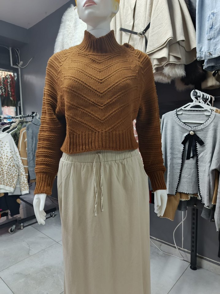 Bohem Tarz Yüksek Yakalı Örgü Kahverengi Kazak - Görsel 2