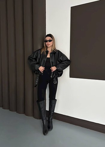Siyah Deri Kadın Midi Ceket - Görsel 3