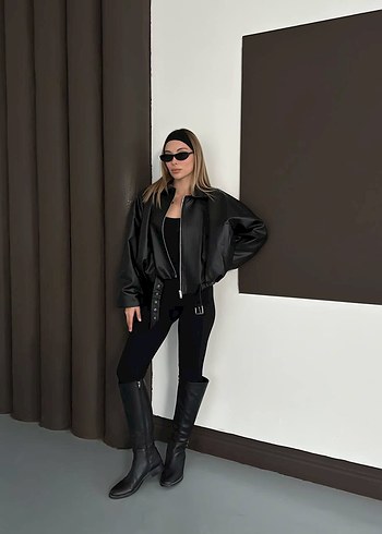 Siyah Deri Kadın Midi Ceket - Görsel 2
