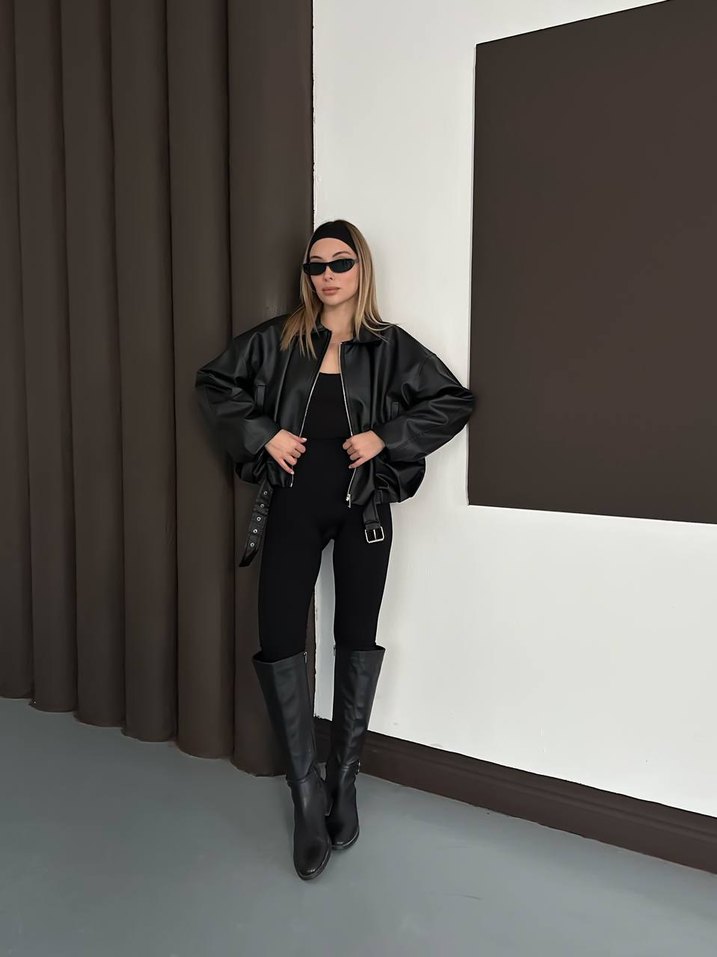 Siyah Deri Kadın Midi Ceket - Görsel 3