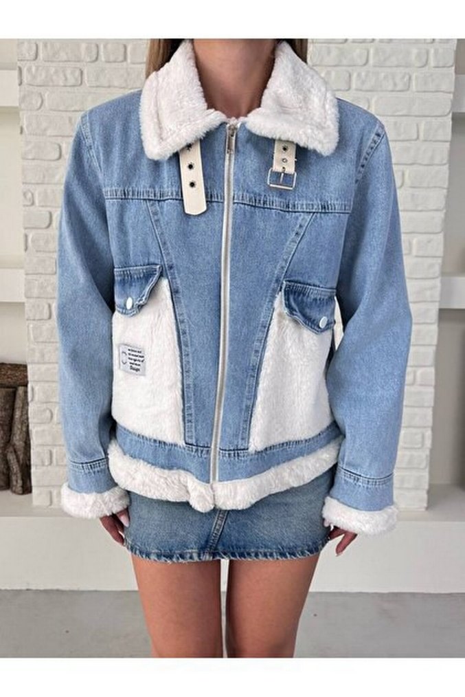 Kürklü Mavi Kısa Oversize Denim Ceket - Görsel 2