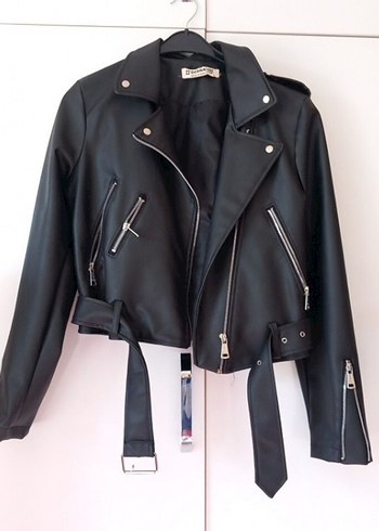 Siyah Kemerli Biker Deri Ceket