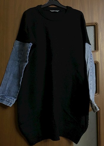 Kot Kollu Siyah Triko Midi Tunik