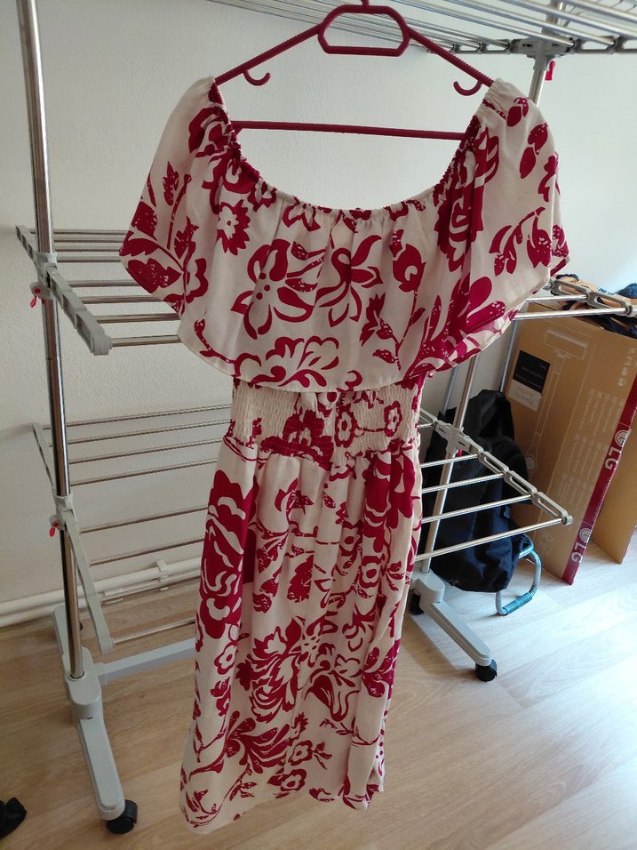 Bordo Desenli Keten Elbise - Görsel 2