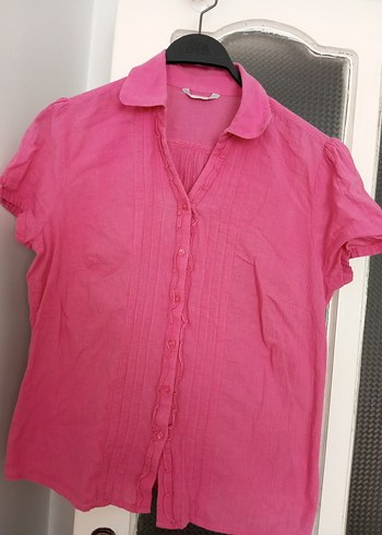 xl Beden pembe Renk Pembe Kısa Kollu Keten Gömlek