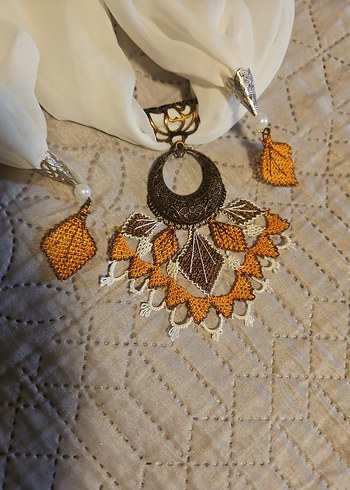 Boncuk ve iğne oyası  İşlemeli Bohem Broş - Görsel 3