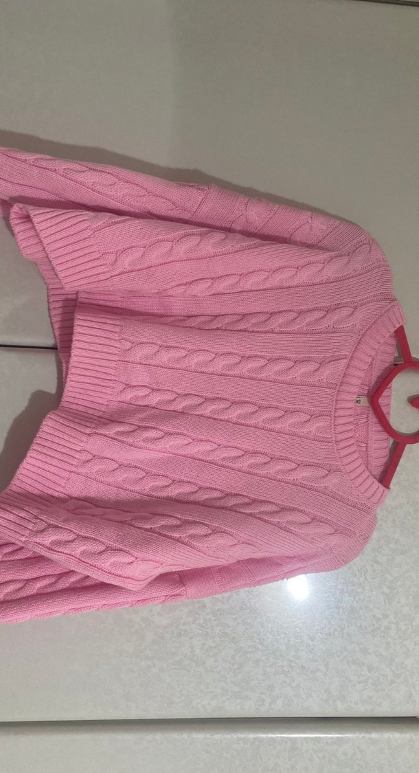 Pembe Örgü Kadın Triko Kazak - Görsel 3