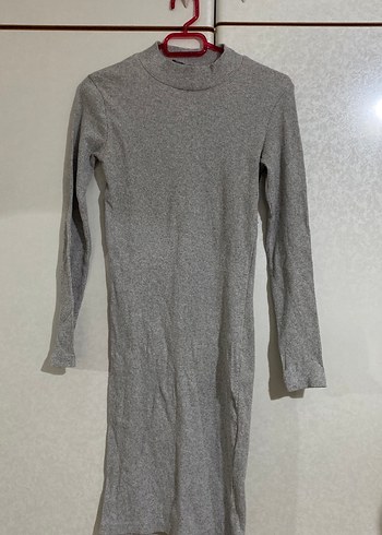 Gri Uzun Kollu Yüksek Yakalı Triko Elbise - Görsel 2