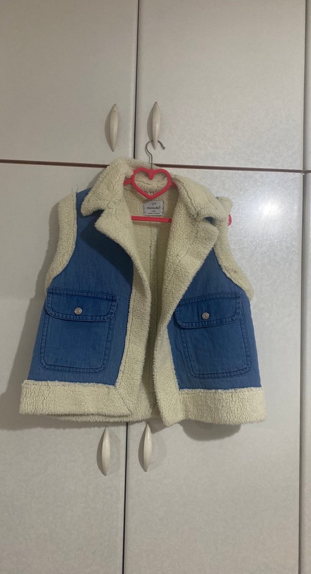 K Mavi Kürklü Denim Yelek - Görsel 2