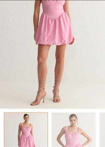 Pembe Mini İnce Askılı V Yaka Elbise
