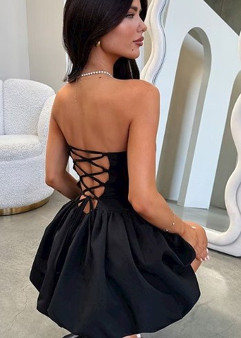 Siyah Straplez Mini Kokteyl Elbise - Görsel 3