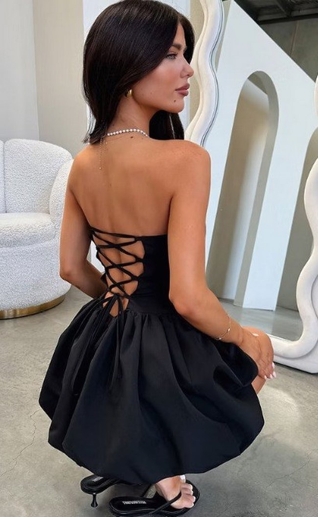 Siyah Straplez Mini Kokteyl Elbise - Görsel 3