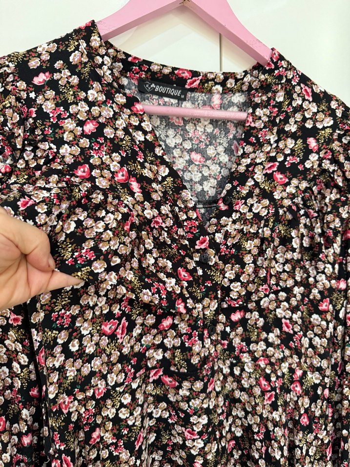 Çiçek Desenli Uzun Kollu Midi Elbise - Görsel 3