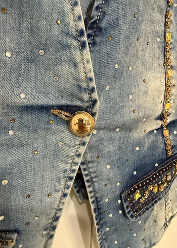 Kadın Parlak Mini Kot Ceket - Görsel 8