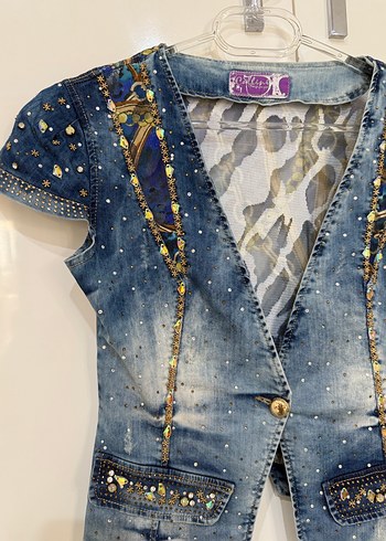 Kadın Parlak Mini Kot Ceket - Görsel 2