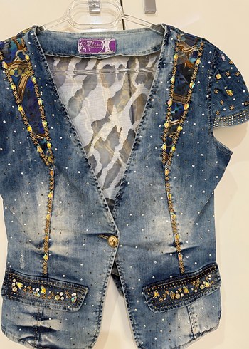 Kadın Parlak Mini Kot Ceket - Görsel 3