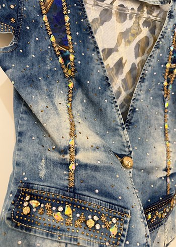 Kadın Parlak Mini Kot Ceket - Görsel 7