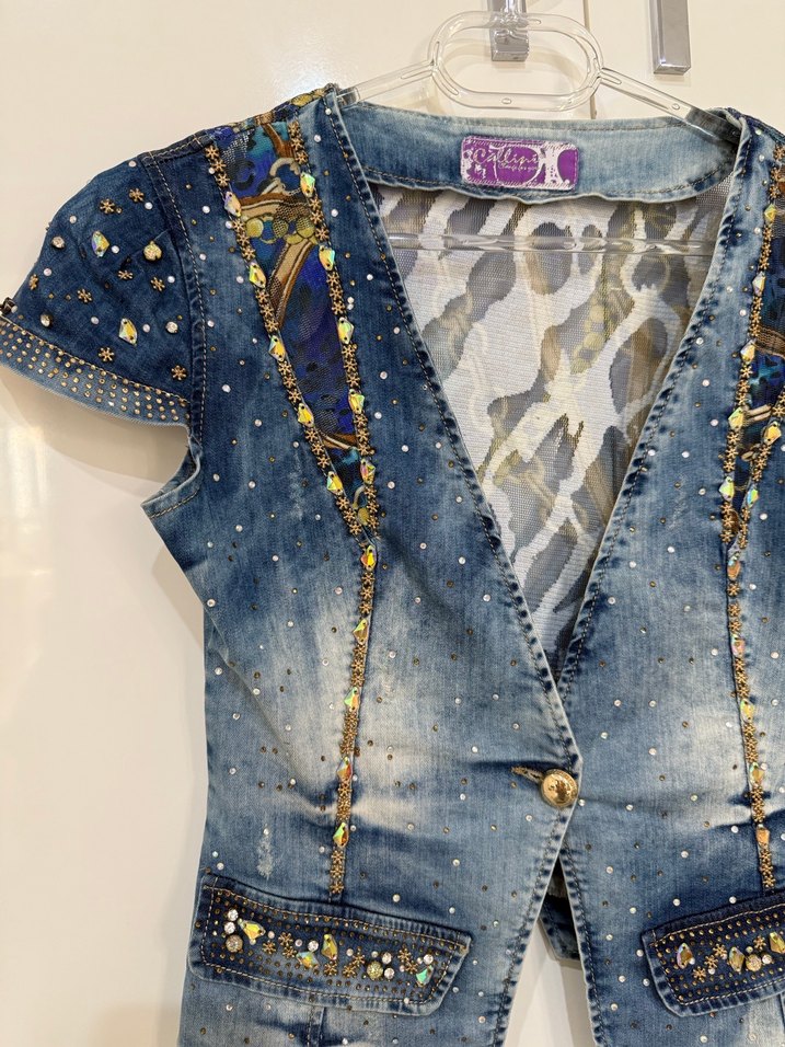 Kadın Parlak Mini Kot Ceket - Görsel 2