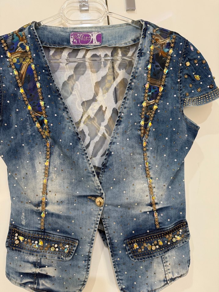 Kadın Parlak Mini Kot Ceket - Görsel 3