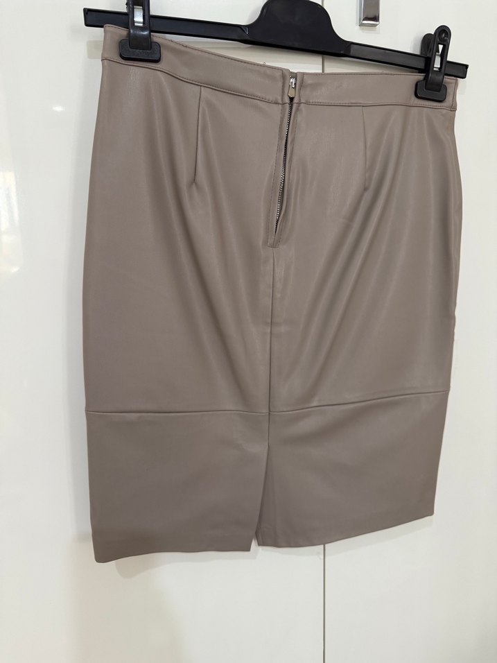 Bej Deri Kemerli Kalem Etek Midi Boy - Görsel 4