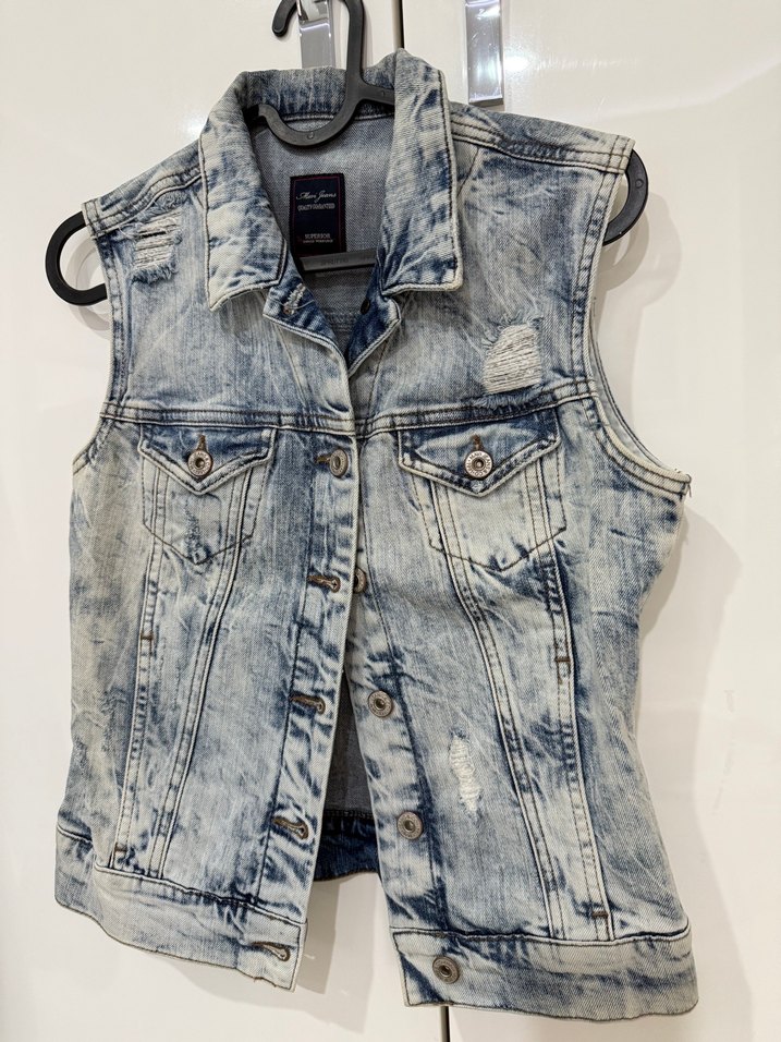 Gri Batik Desenli Kolsuz Denim yelek - Görsel 2