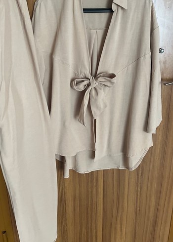 36 Beden Bej Midi Uzun Kollu kimono takım pantolon