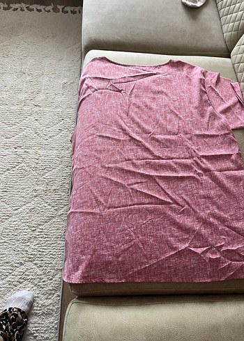 Pembe V Yaka Keten Kısa Kollu Kadın gömlek - Görsel 3