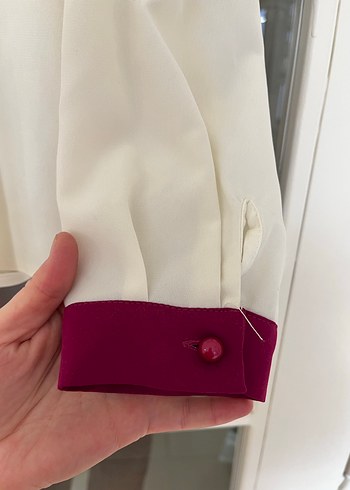 Bordo Yakalı Beyaz Kadın Gömlek - Görsel 4