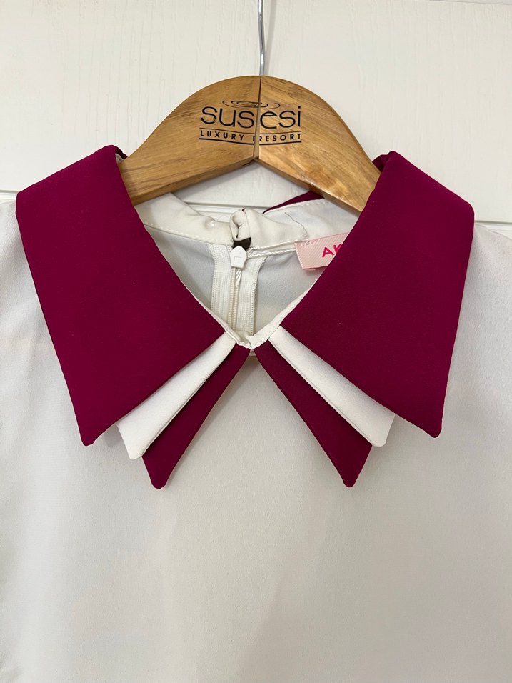 Bordo Yakalı Beyaz Kadın Gömlek - Görsel 2