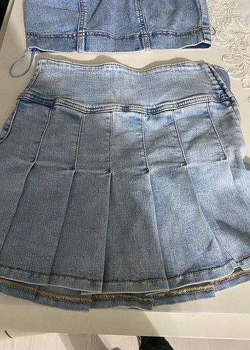 32 Beden Kadın Mavi Denim Pileli Mini Etek