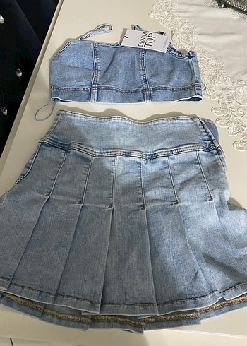 Kadın Mavi Denim Pileli Mini Etek