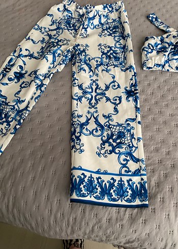 Mavi Desenli Dantel Detaylı Bohem Kadın Pantolon - Görsel 4