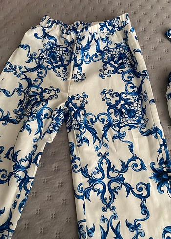 Mavi Desenli Dantel Detaylı Bohem Kadın Pantolon - Görsel 5