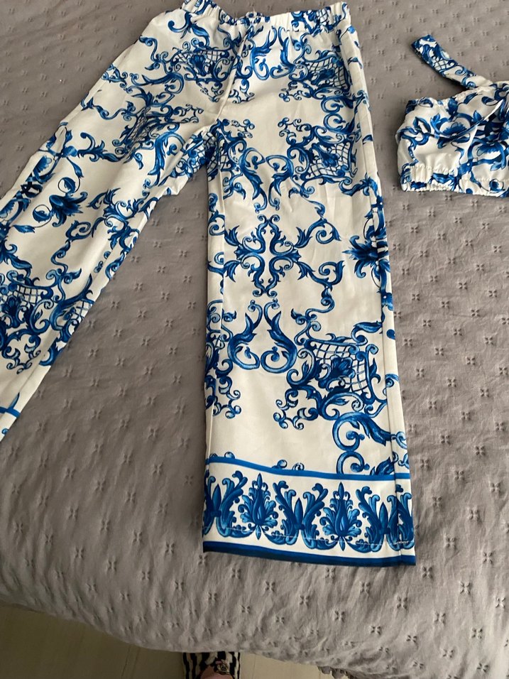 Mavi Desenli Dantel Detaylı Bohem Kadın Pantolon - Görsel 4