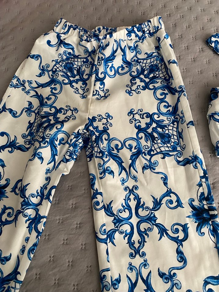 Mavi Desenli Dantel Detaylı Bohem Kadın Pantolon - Görsel 5