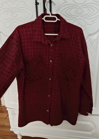 Düğmeli Bordo Uzun Kollu Kadın Gömlek kaşe - Görsel 4