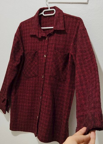 Düğmeli Bordo Uzun Kollu Kadın Gömlek kaşe - Görsel 3