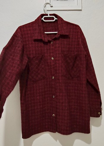 Düğmeli Bordo Uzun Kollu Kadın Gömlek kaşe - Görsel 2