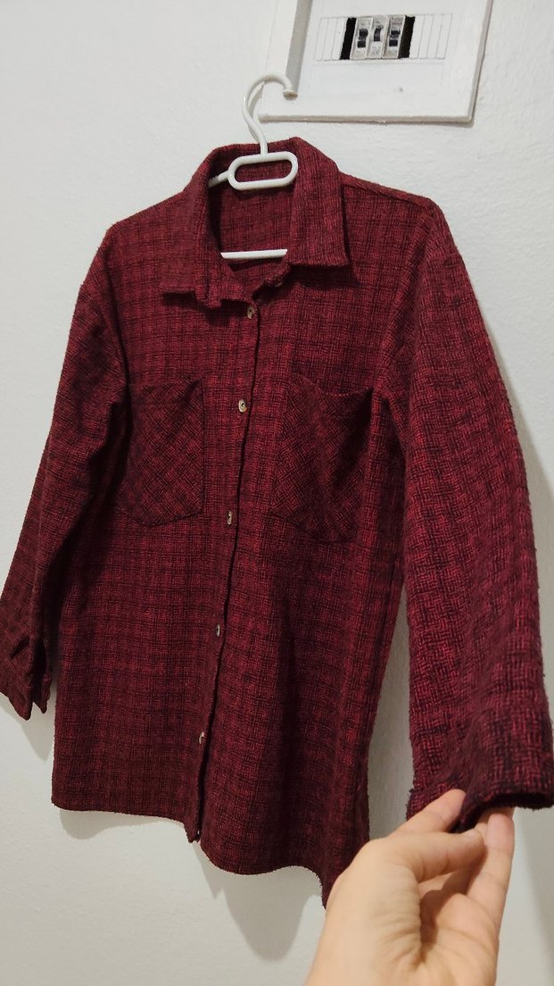 Düğmeli Bordo Uzun Kollu Kadın Gömlek kaşe - Görsel 3